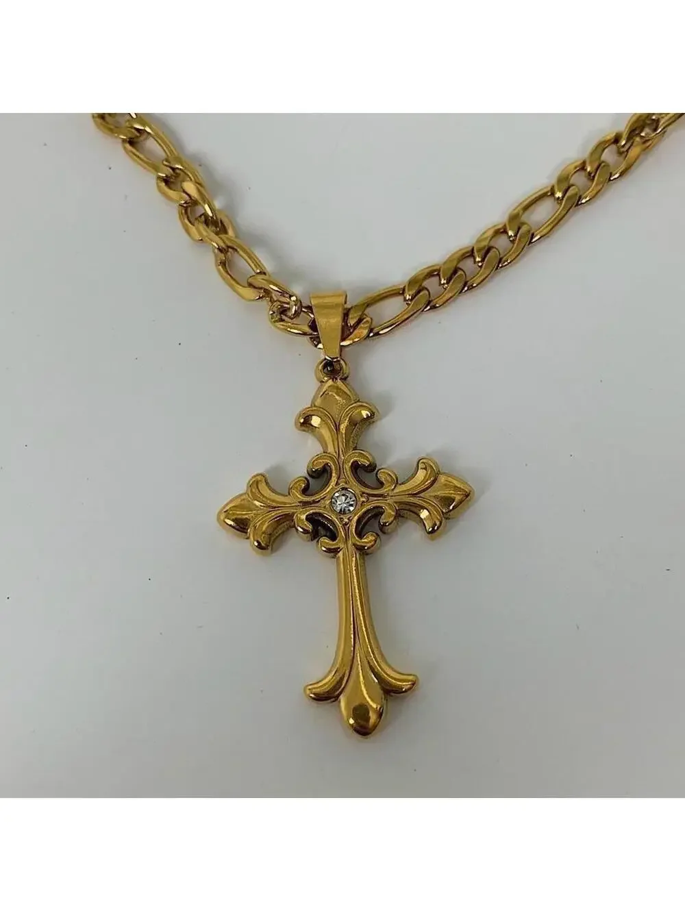 Y2K Gold Stainless Steel Cross Pendant Stone Necklace 20 Inch Unisex
